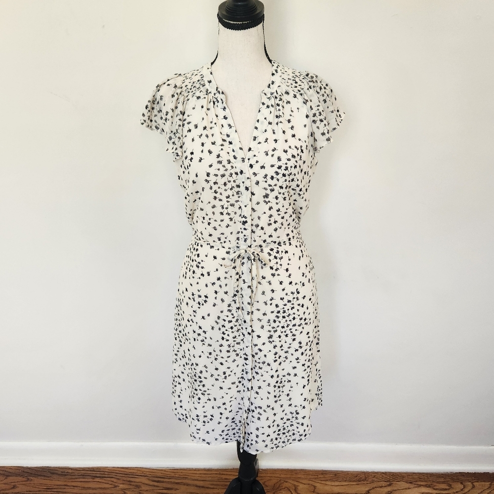 h&m Cream Black Floral Chiffon Midi Dress Tie Belt Lined Flutter Sleeve Button 2